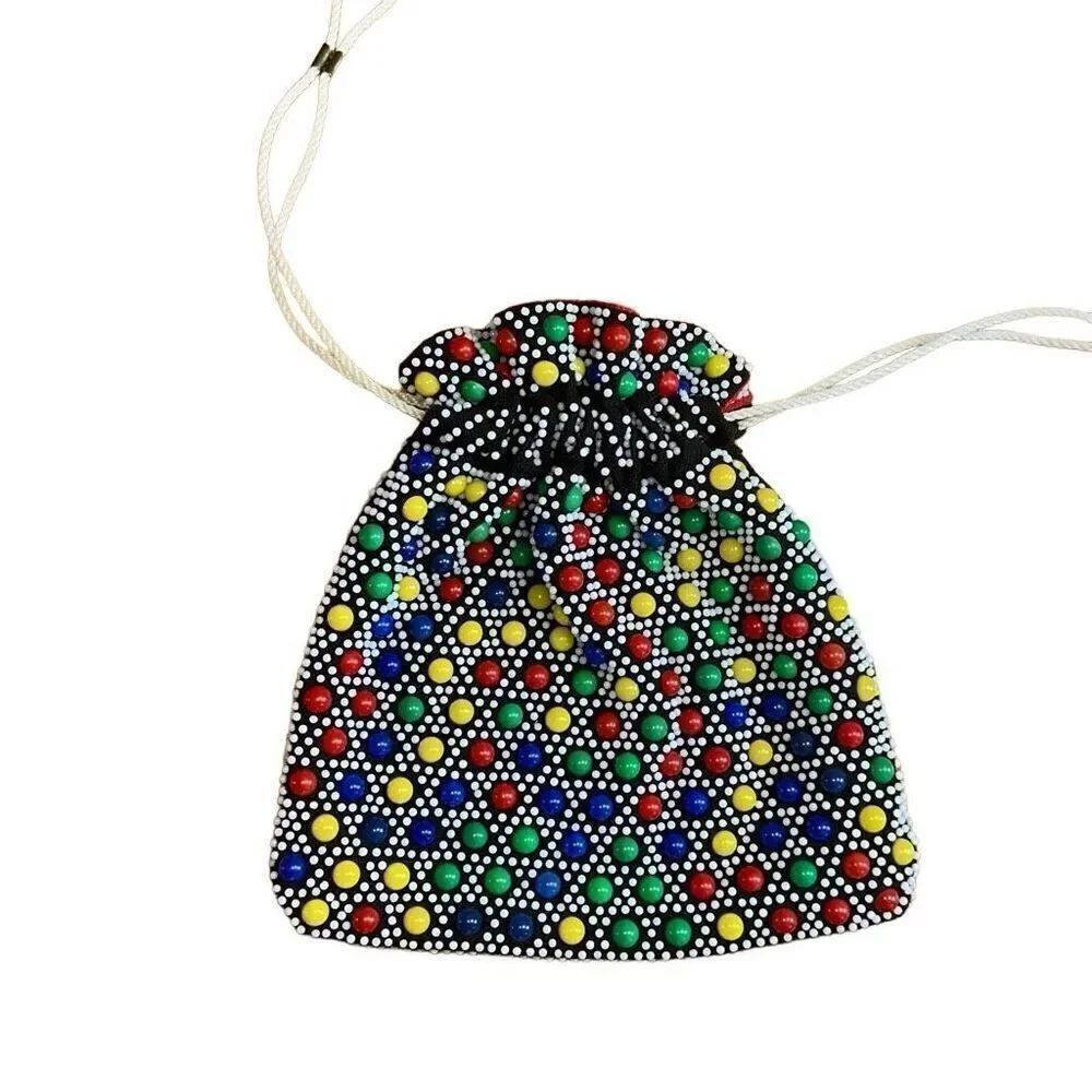 50s/ 60s reversible Multi-Colored Beaded Drawstring purse bag Hong Kong